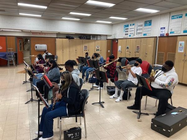Masked up in the Band Room at Kennedy HS